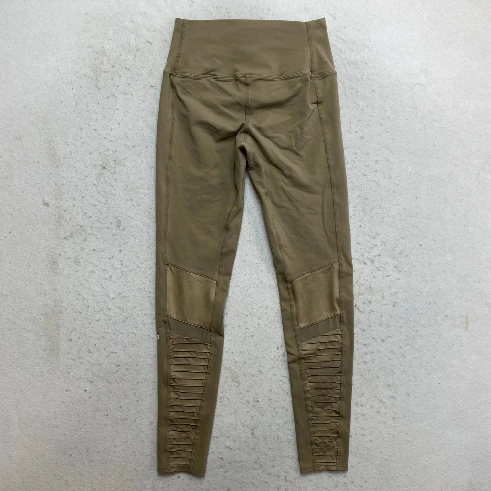 Alo Leggings Womens Size Medium Gravel Tan Ribbed Mesh High Waist Moto